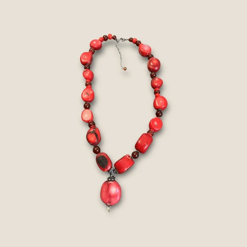 Vintage Artisan Red Dyed Coral Chunky Statement Sterling Silver Necklace